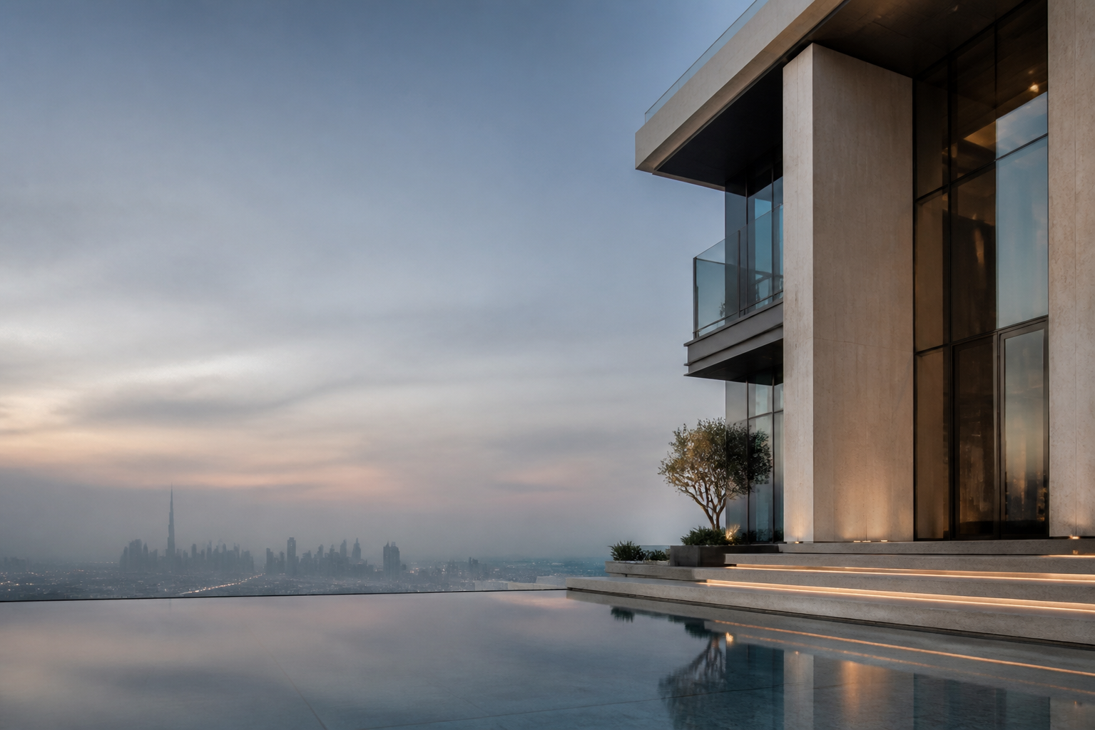 Editorial PSR banner with contemporary Dubai architecture at blue hour